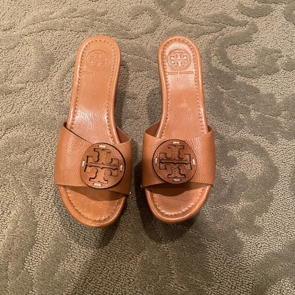 Tan Tory Burch Slide Wedges